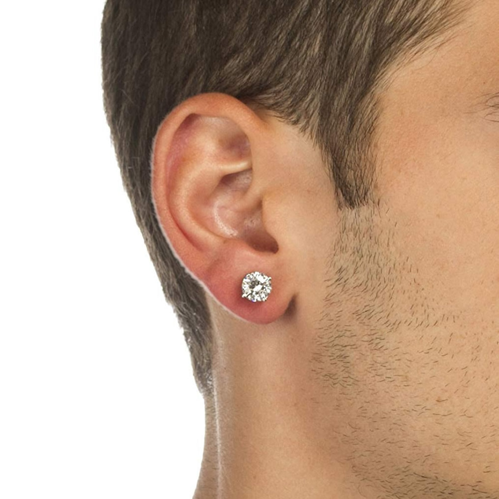 Mens Non Piercing Earrings For Guys White Silver Round